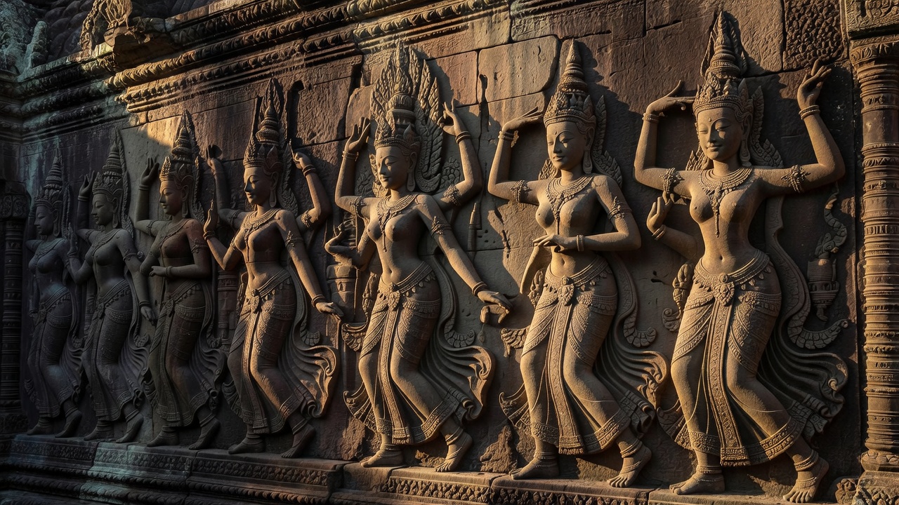 Sandstone relief of dancing apsaras at Angkor Wat, lit by low raking light that reveals carving depth