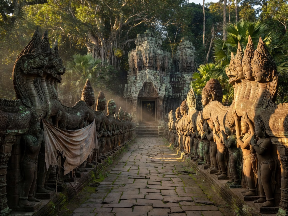Reihe von Steinfiguren, die den Körper einer vielköpfigen Naga entlang des Zugangsdamms zum Südtor von Angkor Thom, Kambodscha, halten