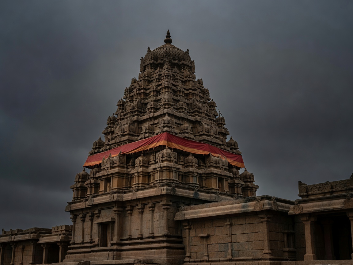 Granite vimana tower of the Brihadeeswarar Temple, Thanjavur, rising in stepped tiers against a dark sky