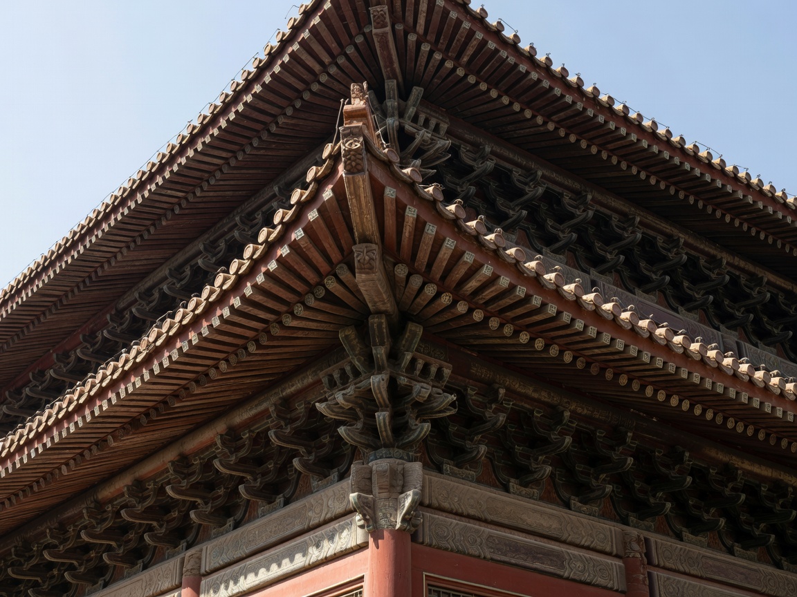 Rows of interlocking dougong bracket sets casting deep shadows under the eaves of a palace hall in the Forbidden City, Beijing