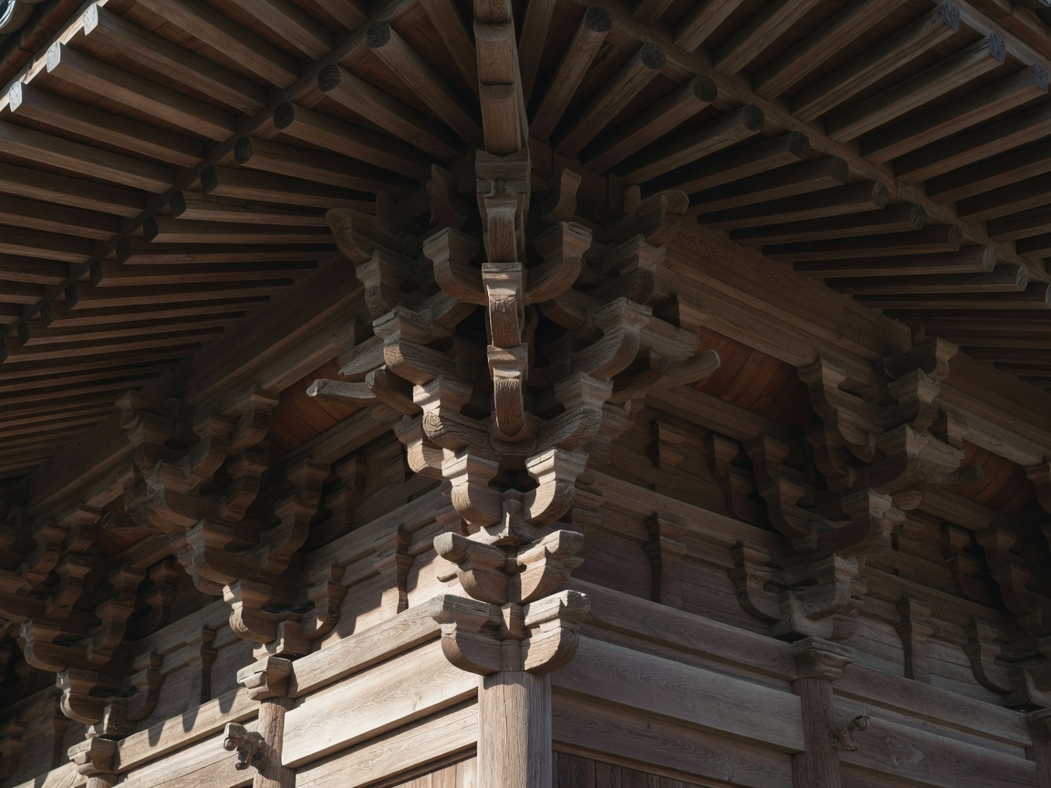 Close view of stacked timber brackets and rafters under a deep temple eave, lit from one side to reveal the joinery