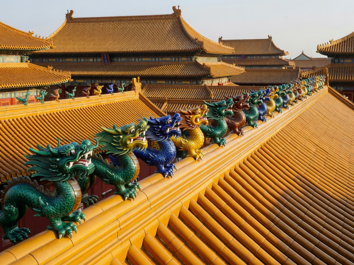 Glasierte Keramikfiguren in einer Reihe auf dem gelb gedeckten Dachfirst der Halle der Höchsten Harmonie, Verbotene Stadt, Peking