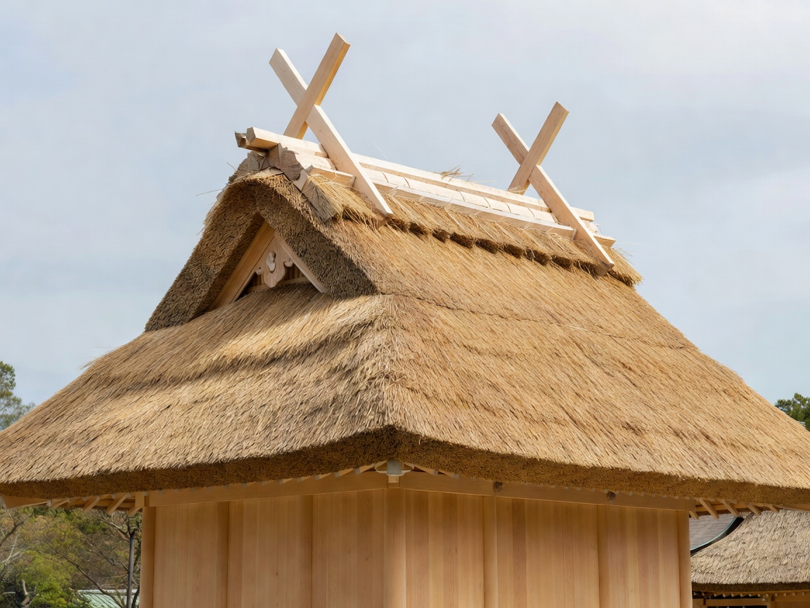 Thatched roof with crossed chigi finials on a plain cypress shrine building at Ise Jingu, Mie Prefecture, Japan