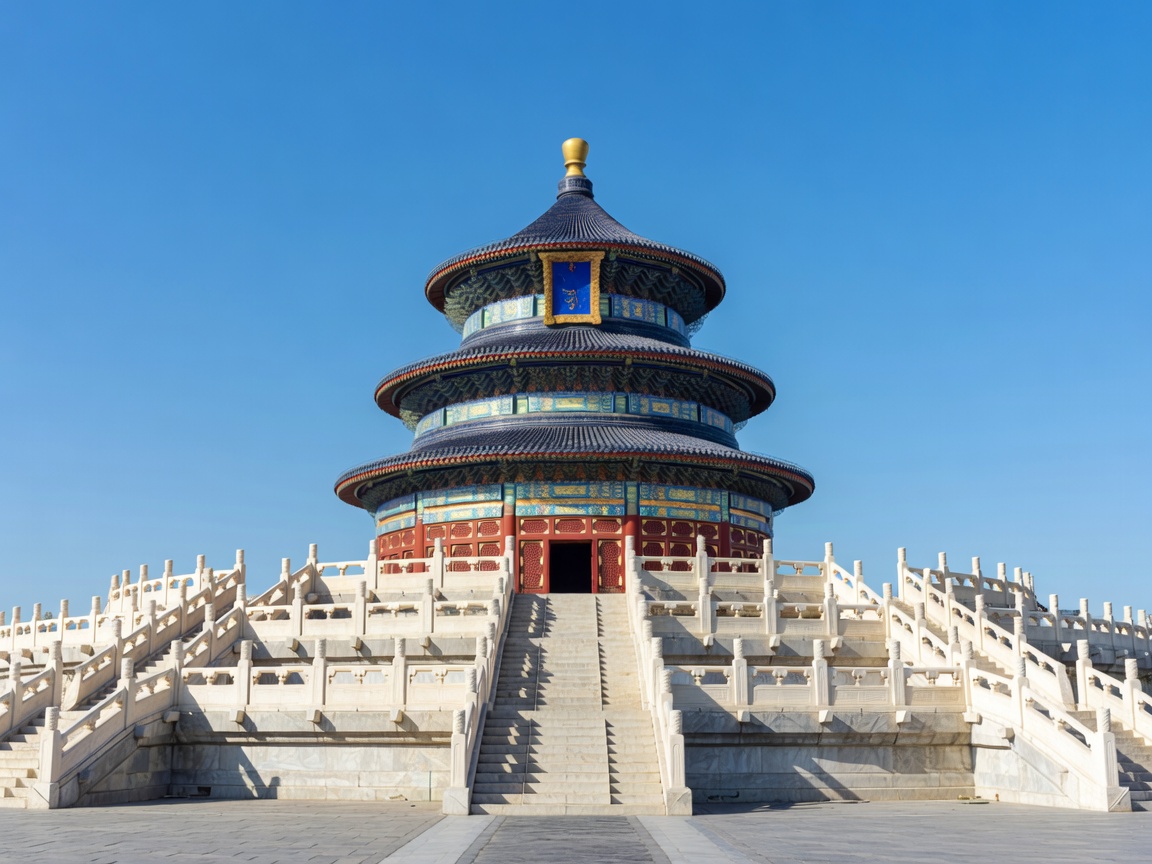 Circular three-tiered roof of the Hall of Prayer for Good Harvests on its white marble terraces, Temple of Heaven, Beijing