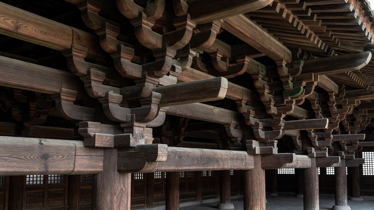 Detail of a multi-tiered dougong bracket set with stacked blocks and projecting arms in a Chinese timber hall