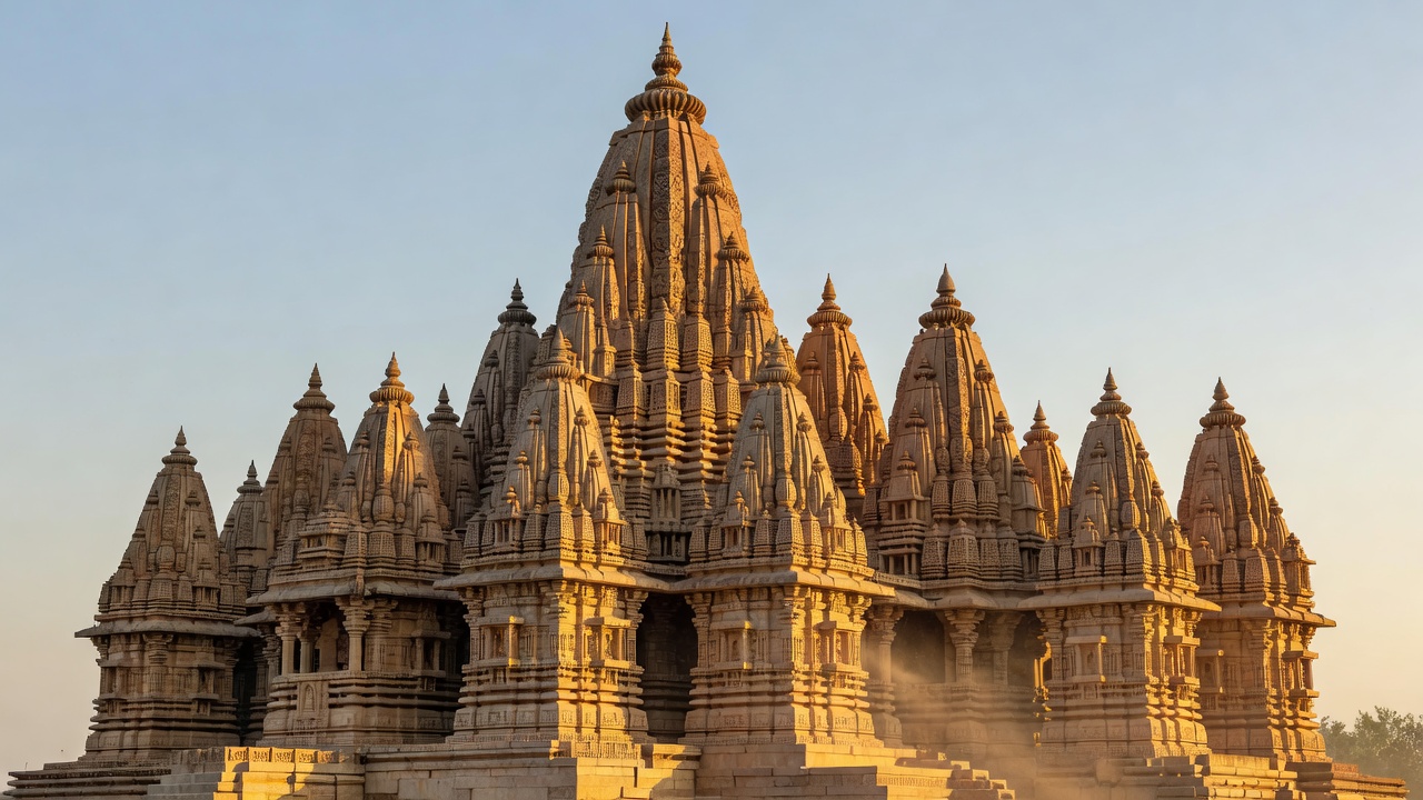Clustered sandstone spires of the Kandariya Mahadeva Temple, Khajuraho, in strong late-afternoon light