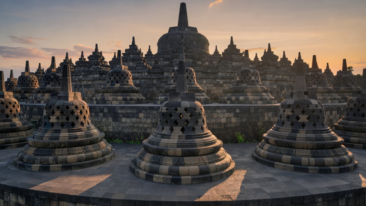 Durchbrochene glockenförmige Stupas auf den oberen runden Terrassen von Borobudur, Zentral-Java, mit dem zentralen Stupa im Hintergrund
