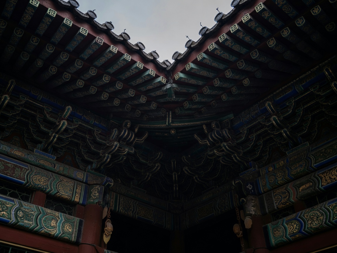 Tiefer Schatten unter den bemalten Dougong-Konsolgruppen eines Hallendachs in der Verbotenen Stadt, Peking
